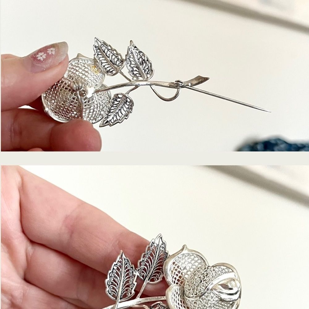 Vintage sterling rose brooch - Picture 10 of 11